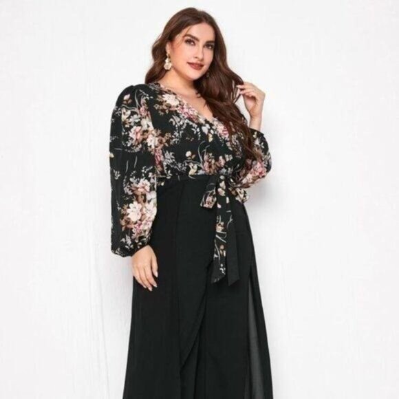 NEW Plus Floral Print Lantern Sleeve Wide Leg Jumpsuit With Skirt Women's Size 2 - Picture 12 of 13